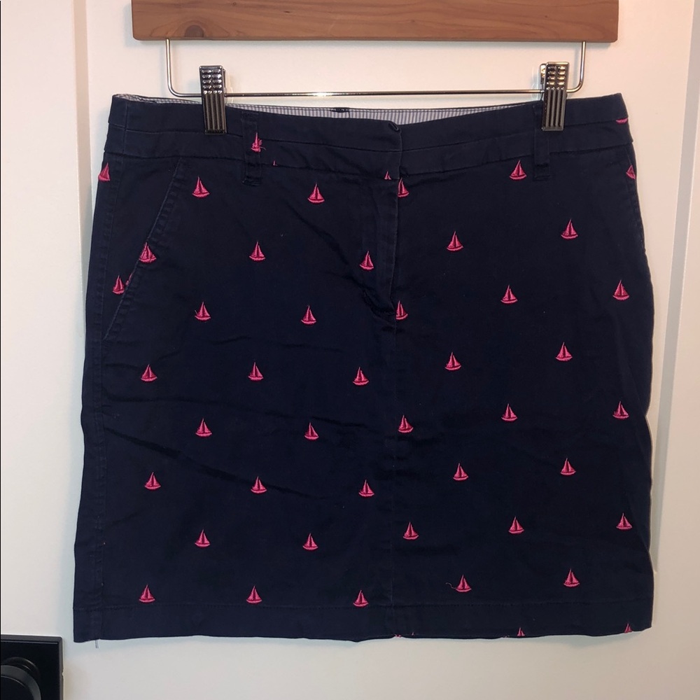 British Khaki Navy Blue Skirt with Pink Sailboat Design